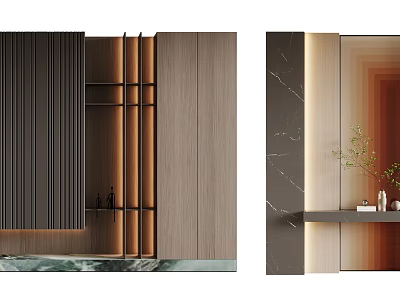 Modern Decorative Cabinet With Wooden Panels Marble Accents And Soft Lighting 3d model