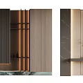 Modern Decorative Cabinet With Wooden Panels Marble Accents And Soft Lighting