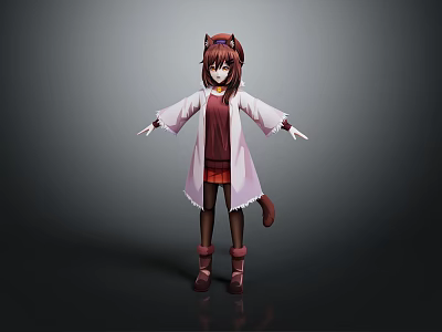 Anime Character with Cat Ears and Tail Standing in White Coat Red Top Brown Boots 3d model