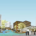 Commercial Street With Modern Traditional Architecture Water Features And Outdoor Seating Areas