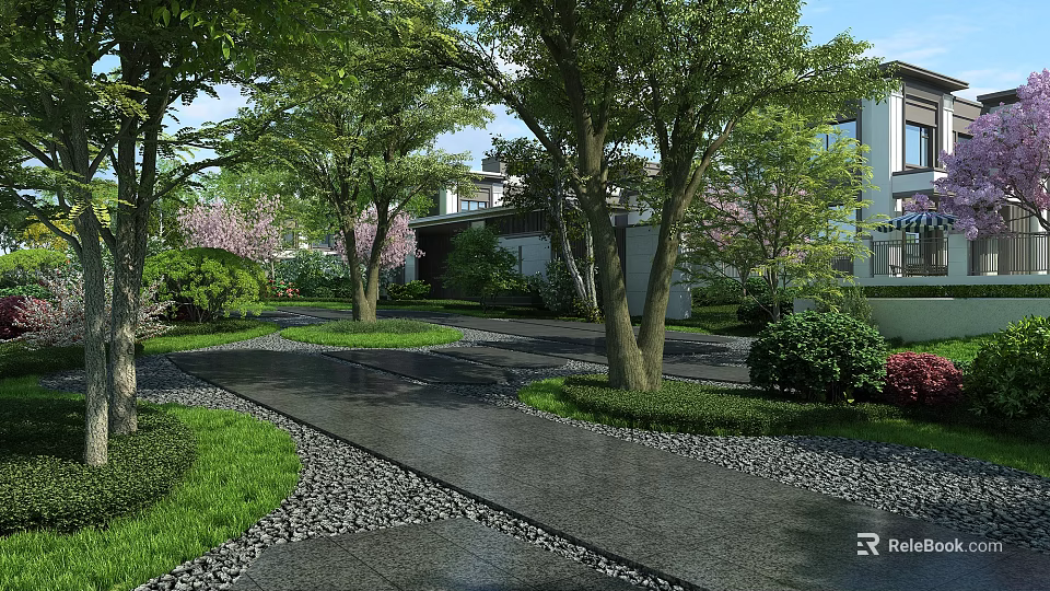 Lush Garden Landscape with Cherry Blossom Trees Gravel Pathway and Modern Building Exterior 3d model 