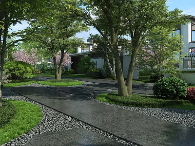 Lush Garden Landscape with Cherry Blossom Trees Gravel Pathway and Modern Building Exterior 3d model
