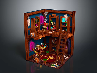 Wooden Multi tiered Commercial Equipment Display Shelves With Ladder Storage Books And Bottles 3d model