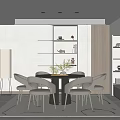 Modern Restaurant Dining Space With Round Table White Chairs White Cabinets And Soft Lighting 3d model