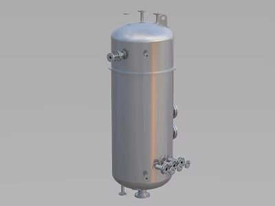 Industrial Stainless Steel Cylindrical Storage Tank With Connections Valves And Support Legs 3d model