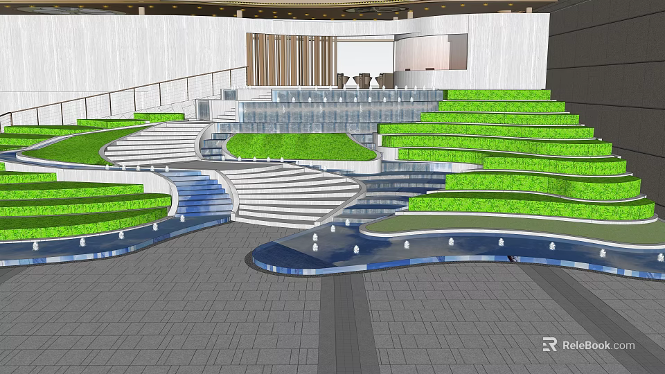 Water Fountain With Curved Water Pools Stone Steps And Lush Green Plants In Modern Lobby 3d model 