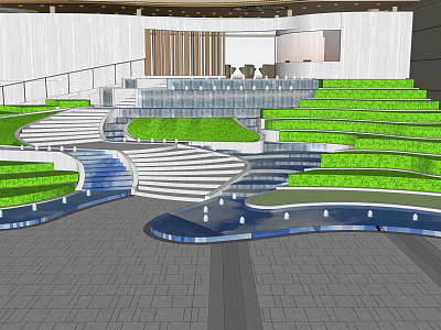 Water Fountain With Curved Water Pools Stone Steps And Lush Green Plants In Modern Lobby 3d model