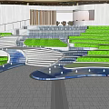 Water Fountain With Curved Water Pools Stone Steps And Lush Green Plants In Modern Lobby