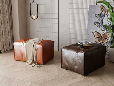 Living Room Interior with Brown and Dark Brown Leather Ottomans Blanket Books on Wooden Floor 3d model