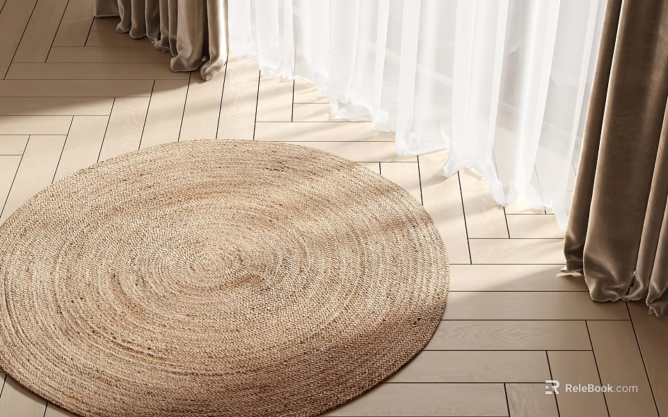 Round Woven Jute Rug On Light Wood Floor Near Curtains 3d model 