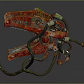Biomechanical Monster Character Featuring Red Metal Body Green Tentacles And Chainsaw Appendages