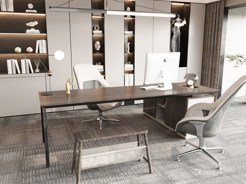 Modern Office Desk With Wooden Top Ergonomic Chair Computer Monitor And Decorative Shelves 3d model 
