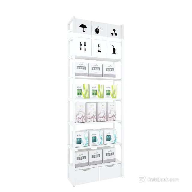 White Multi tier Display Shelf With Stacked Box Containers For Product 3d model 