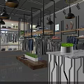 Modern Clothing Store Interior With Clothes On Hangers Wooden Display Table And Green Plants