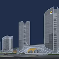 Modern Office Towers With Glass Curtain Walls Illuminated At Night View Multiple High Rise Buildings