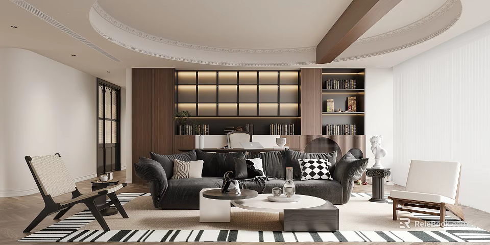 Modern Duplex Living Room Interior With Dark Sofa Round Coffee Table And Wooden Bookshelves 3d model 