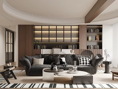 Modern Duplex Living Room Interior With Dark Sofa Round Coffee Table And Wooden Bookshelves 3d model