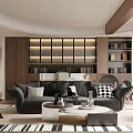 Modern Duplex Living Room Interior With Dark Sofa Round Coffee Table And Wooden Bookshelves