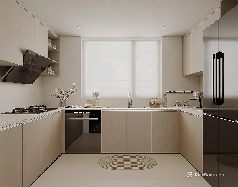 Modern Kitchen Interior With Light Wood Cabinets Stainless Steel Appliances Island Counter And Window Blinds 3d model 