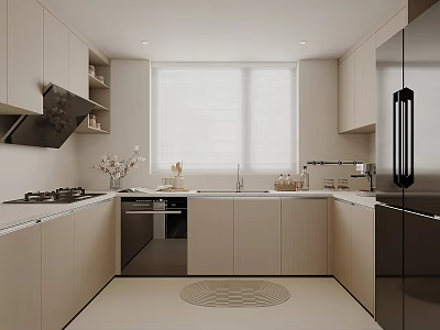 Modern Kitchen Interior With Light Wood Cabinets Stainless Steel Appliances Island Counter And Window Blinds 3d model