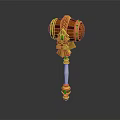 Ornate Hammer Weapon With Golden Details Orange Red Head Green Gemstones White Handle Colorful Ornaments