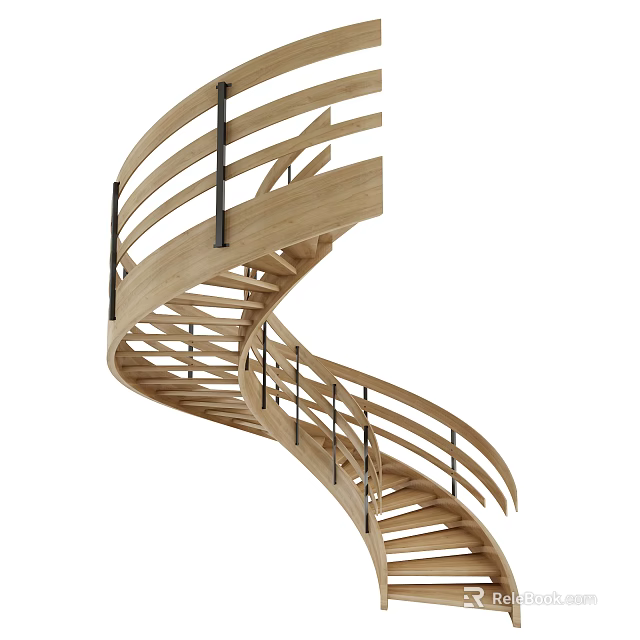 Modern Wooden Spiral Staircase With Curved Handrails And Elegant Steps Design 3d model 
