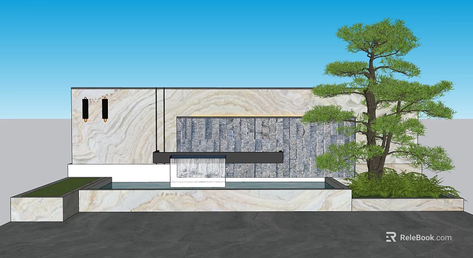 Modern Garden Feature Wall With Marble Texture Water Feature And Pine Tree 3d model