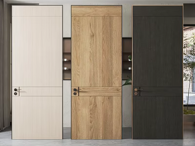 Three Different Colored Hinged Doors With Wooden Texture And Modern Design 3d model
