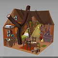 Whimsical Cottage Interior Design With Tree Trunk Ladder Dining Table Bookshelf Stove And Hanging Plants