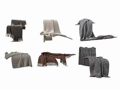 Various Style Blankets With Fringe And Checkered Patterns In Gray Brown Tones 3d model