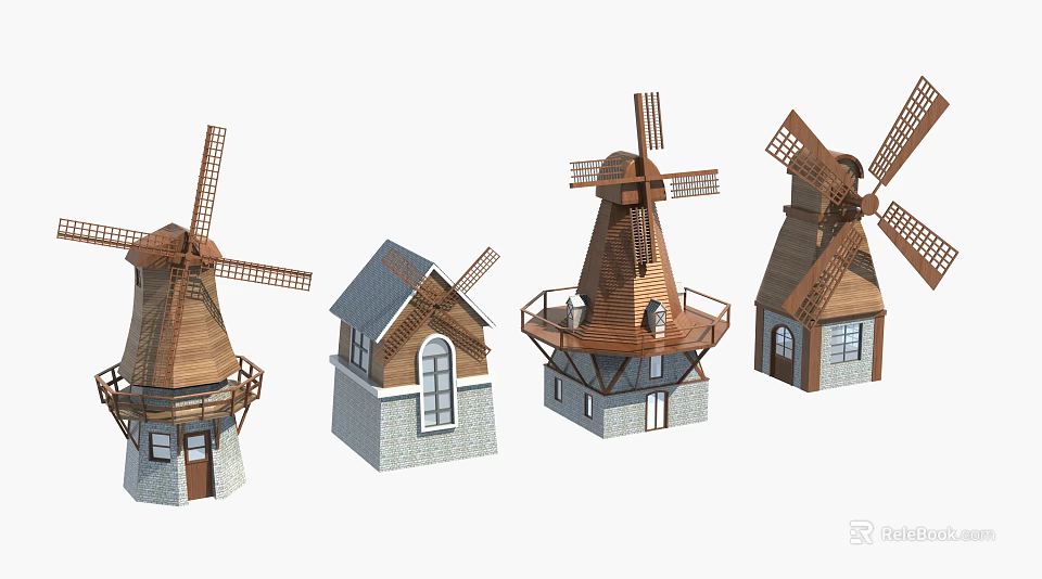 Various Wooden Windmill Architectural Components Featuring Tower Windows Base And Blade Structures 3d model