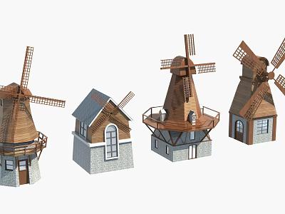 Various Wooden Windmill Architectural Components Featuring Tower Windows Base And Blade Structures 3d model