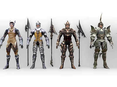 Detailed Game And Movie Warrior Characters Wearing Various Armors With Spears 3d model