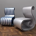 Modern Scroll Leisure Chairs With Blue White Stripes And Silver Finish On Herringbone Wooden Floor