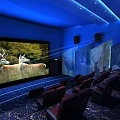 Modern Cinema Hall With Blue Lighting Curved Ceiling Comfortable Seats Projector And Deer Paintings