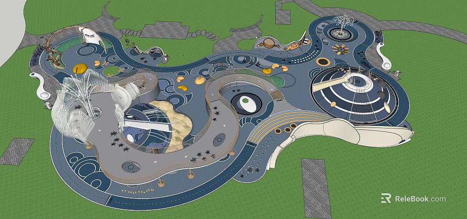 Modern Garden Landscape Design with Winding Paths Circular Seating and Decorative Water Features 3d model 