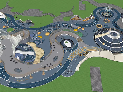 Modern Garden Landscape Design with Winding Paths Circular Seating and Decorative Water Features 3d model