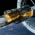 Circular Space Station With Solar Panels Orbiting Earth In Cloudy Sky