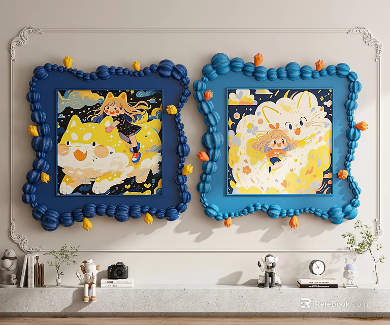Abstract Paintings With Blue Frames Yellow Orange Decorations Cartoon Style Girls Animals Starry Sky Clouds 3d model 