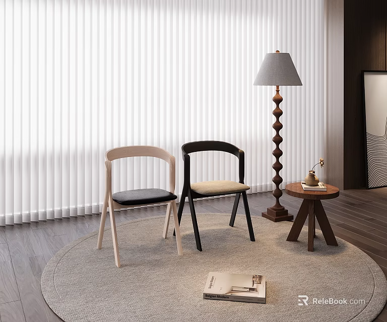Modern Two Tone Chairs With Wooden Legs Near Floor Lamp Side Table On Round Rug 3d model 