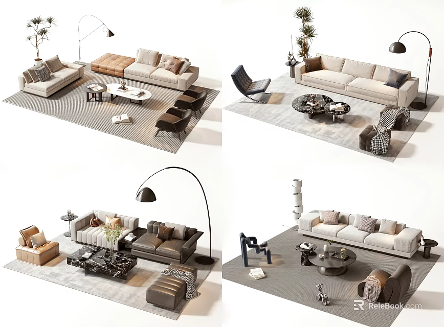 Modern Sofa And Coffee Table Set With Floor Lamp Armchair Plants And Rug 3d model 