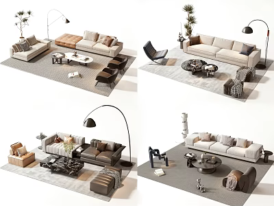 Modern Sofa And Coffee Table Set With Floor Lamp Armchair Plants And Rug 3d model