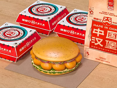 Authentic Chinese Hamburger With Sesame Bun And Red Packaging Boxes 3d model