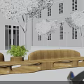 Modern Curved Wooden Landscape Seats With Green Plants Trees And Lampposts Against White Building Background