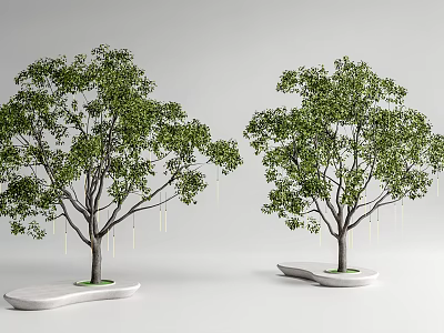 Two Lush Arbor Trees With Green Foliage And White Platform Bases 3d model