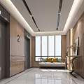 Modern Elevator Lobby Interior With Wooden Walls Large Windows Sofa Console Table And Lighting 3d model