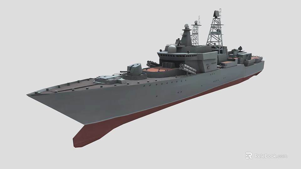 Gray Naval Warship With Deck Radar Antennas And Red Bottom 3d model 