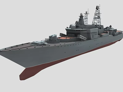 Gray Naval Warship With Deck Radar Antennas And Red Bottom 3d model