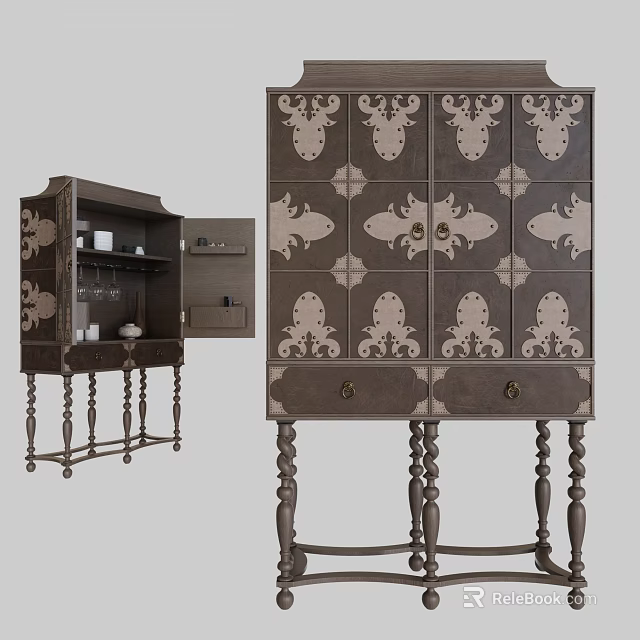 Ornate Vintage Wooden Sideboard With Carved Legs Patterned Surface And Storage Drawers 3d model 