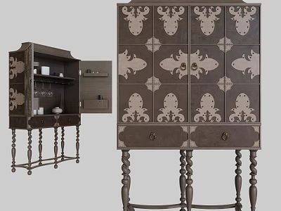 Ornate Vintage Wooden Sideboard With Carved Legs Patterned Surface And Storage Drawers 3d model